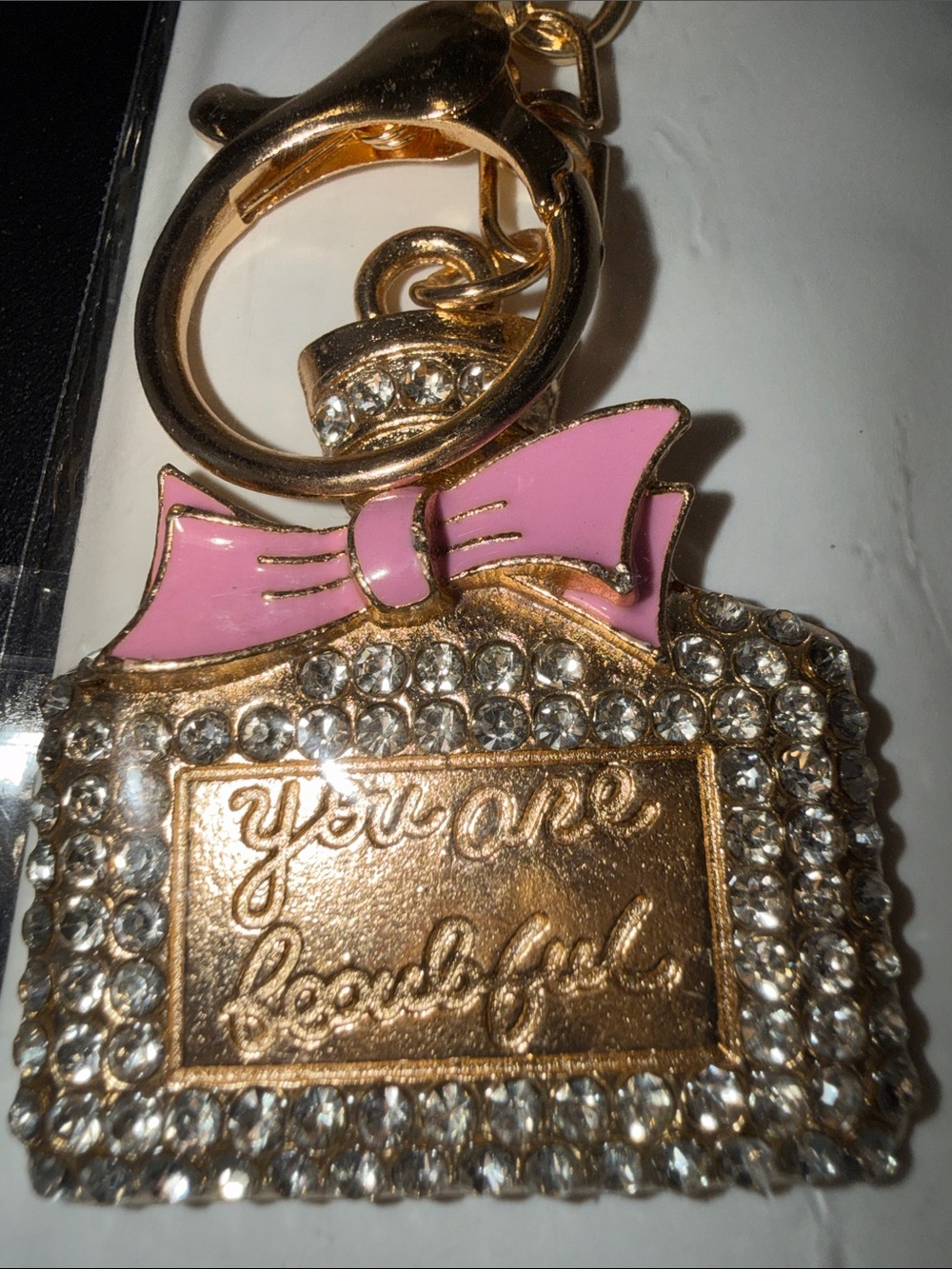 Pink Bow Crystal Keychain Charm - You Are Beautiful